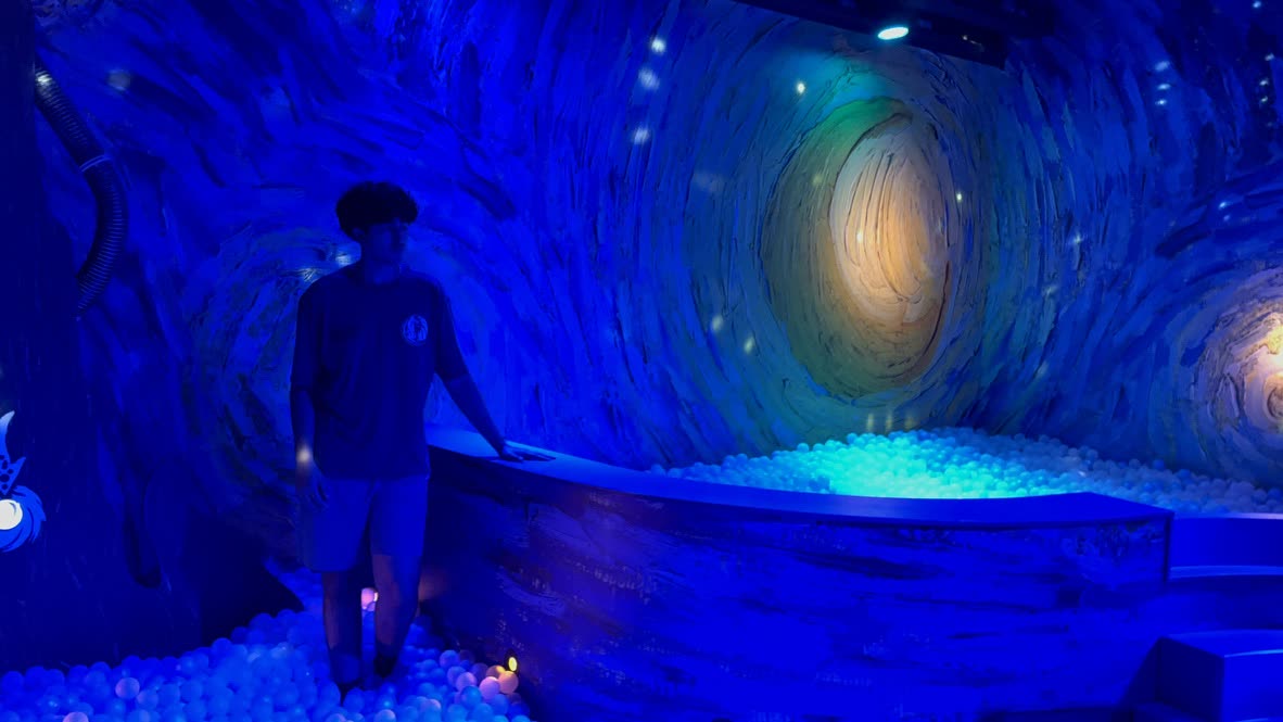 Pranil exploring an immersive blue-lit miniature art installation at Madurodam