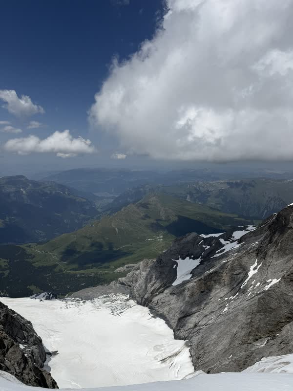 Clouds rolling over the glacier and high alpine ridges at Jungfraujoch