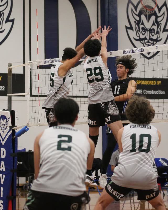 Granite Bay Grizzlies volleyball players jumping to block at the net